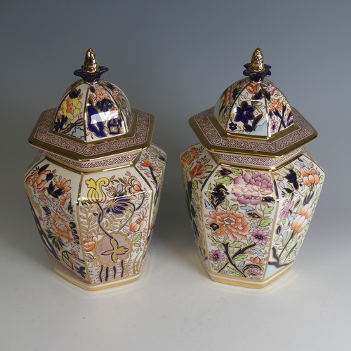 25 - A pair of limited edition Masons Ironstone 'Yellow Siam' pattern Temple Jars, within box, knop finia... 