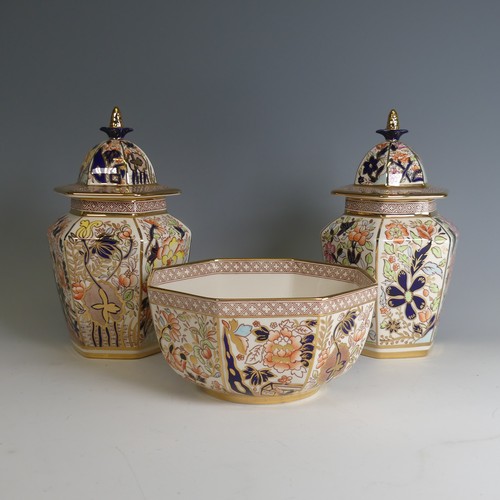 25 - A pair of limited edition Masons Ironstone 'Yellow Siam' pattern Temple Jars, within box, knop finia... 