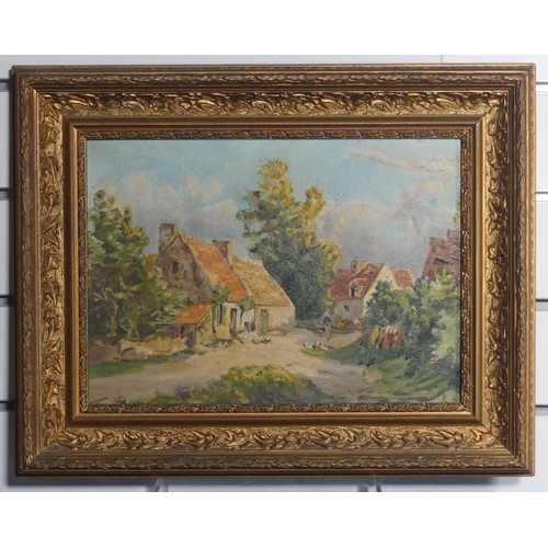 158 - Early 20th century School, Landscape with farm buildings, oil on board, signed with initials 'RK', 2... 