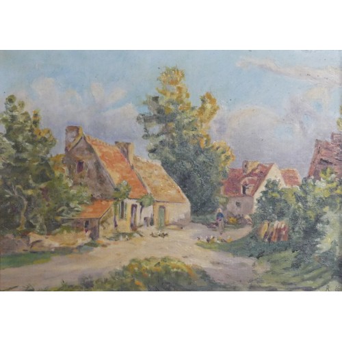 158 - Early 20th century School, Landscape with farm buildings, oil on board, signed with initials 'RK', 2... 