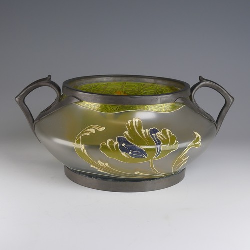 29 - An Art Nouveau pewter mounted and enameled glass Bowl, possibly Friedrich van Hauten, model number t... 