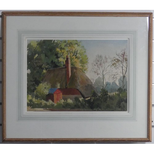 163 - William Dring R.A (1904-1990), Thatched cottage in wooded landscape, watercolour, signed, 32cm x 45c... 