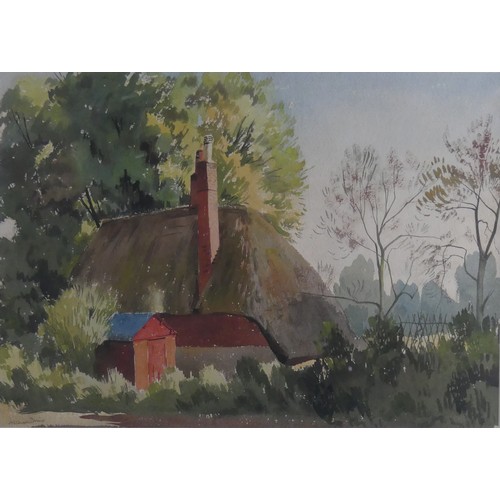 163 - William Dring R.A (1904-1990), Thatched cottage in wooded landscape, watercolour, signed, 32cm x 45c... 