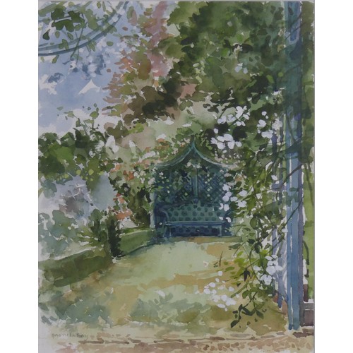 165 - Pamela Kay (British, b. 1939), The garden arbour seat, watercolour, signed lower left, 29cm x 22.5cm... 