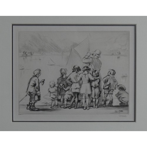 170 - John Henry Dowd (British, 1883-1956), Children and the Pond Yacht, etching, signed in pencil, image ... 