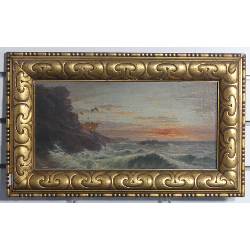 175 - 19th century school, seascape, oil on canvas, signed indistinctly bottom left, 19.5cm x 39cm, framed... 