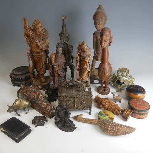 51 - A quantity of African and Asian Artefacts, to comprise three Chinese root carvings of Elders and ano... 