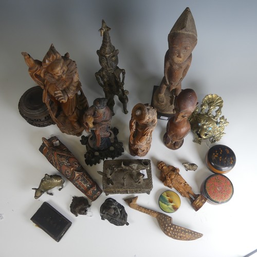 51 - A quantity of African and Asian Artefacts, to comprise three Chinese root carvings of Elders and ano... 