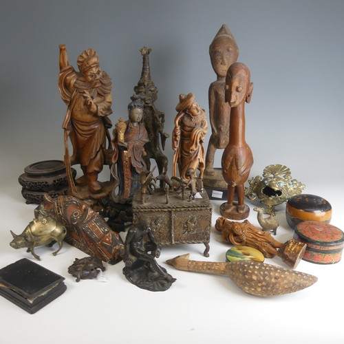 51 - A quantity of African and Asian Artefacts, to comprise three Chinese root carvings of Elders and ano... 