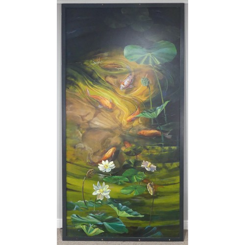 180 - Melissa Lee Bokker (20th/21st century), Koi Carp and Water Lilys, oil on board, signed, 240cm x 130c... 