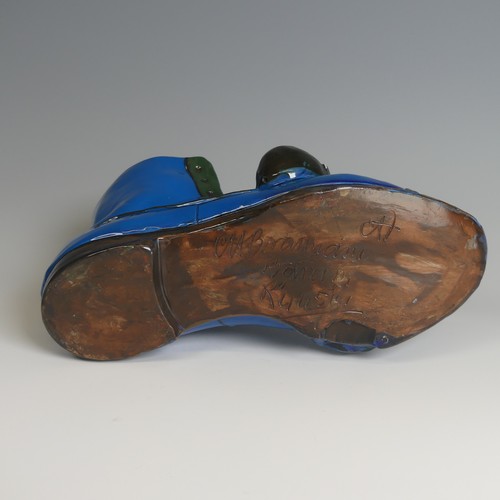 58 - A C. H. Brannam pottery Cache Pot, in the form of an old boot being nibbled at by two mice, the blue... 