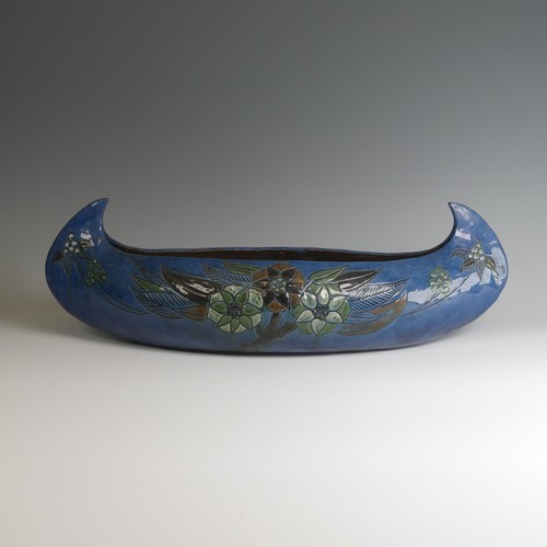 72 - A C. H. Brannam navette Bowl, of large proportions, decorated with trio of flora to the centre, inci... 