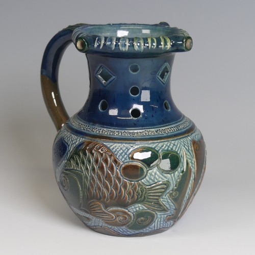 74 - Alexander Lauder, Barum Pottery Puzzle Jug, decorated in blues, browns and green with fish depiction... 