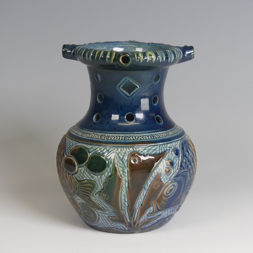 74 - Alexander Lauder, Barum Pottery Puzzle Jug, decorated in blues, browns and green with fish depiction... 