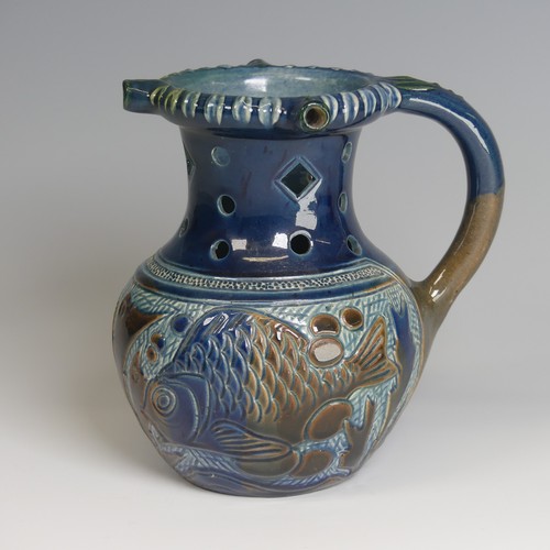 74 - Alexander Lauder, Barum Pottery Puzzle Jug, decorated in blues, browns and green with fish depiction... 