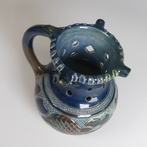 74 - Alexander Lauder, Barum Pottery Puzzle Jug, decorated in blues, browns and green with fish depiction... 