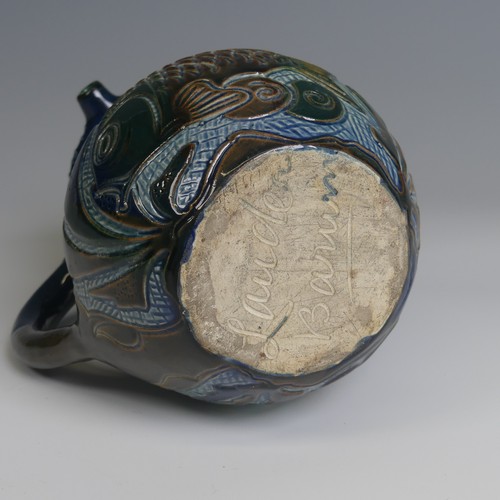 74 - Alexander Lauder, Barum Pottery Puzzle Jug, decorated in blues, browns and green with fish depiction... 