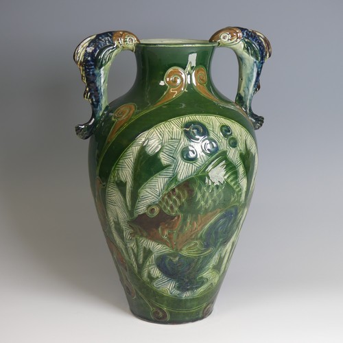 75 - Alexander Lauder, Barum Pottery twin-handled Vase, of large proportions, decorated in dark green gro... 