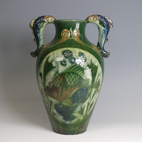 75 - Alexander Lauder, Barum Pottery twin-handled Vase, of large proportions, decorated in dark green gro... 