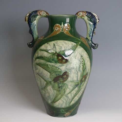 75 - Alexander Lauder, Barum Pottery twin-handled Vase, of large proportions, decorated in dark green gro... 