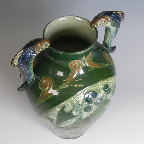 75 - Alexander Lauder, Barum Pottery twin-handled Vase, of large proportions, decorated in dark green gro... 