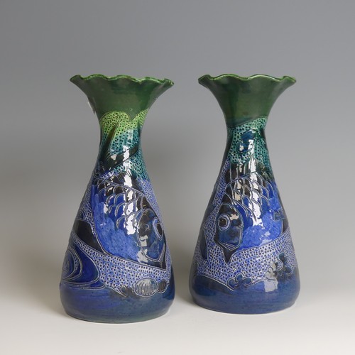 78 - A pair of William Baron pottery Vases, of waisted baluster form, flared wavy rims, decorated with fi... 