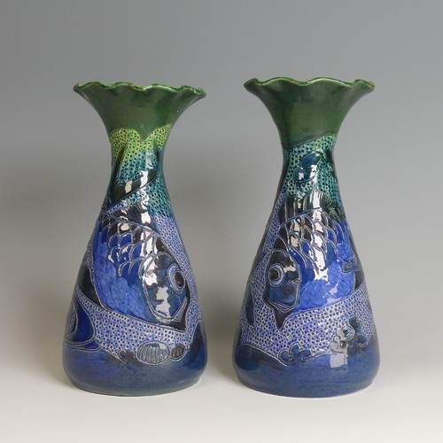 78 - A pair of William Baron pottery Vases, of waisted baluster form, flared wavy rims, decorated with fi... 