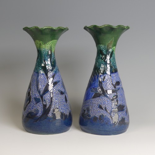 78 - A pair of William Baron pottery Vases, of waisted baluster form, flared wavy rims, decorated with fi... 