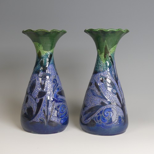 78 - A pair of William Baron pottery Vases, of waisted baluster form, flared wavy rims, decorated with fi... 