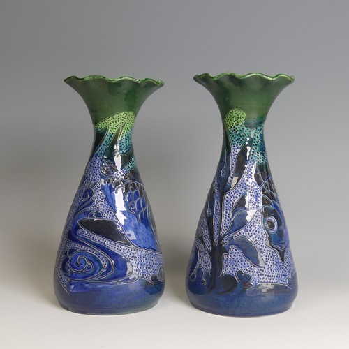 78 - A pair of William Baron pottery Vases, of waisted baluster form, flared wavy rims, decorated with fi... 