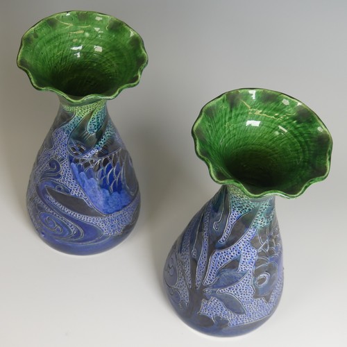 78 - A pair of William Baron pottery Vases, of waisted baluster form, flared wavy rims, decorated with fi... 