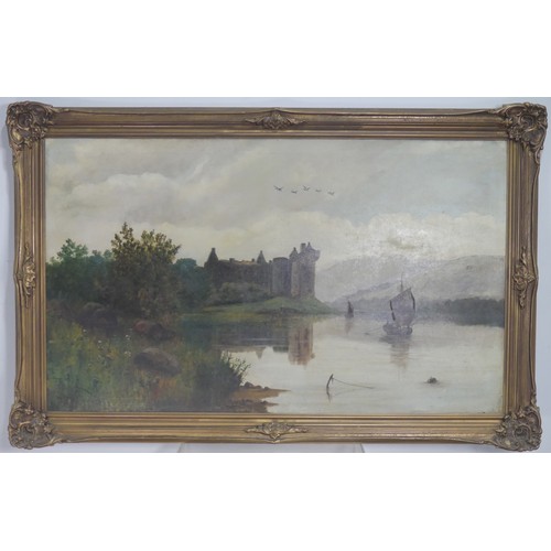 182 - A. J. Collis (19th century), Kilchurn Castle, oil on canvas, 76cm x 127cm, canvas with old repairs a... 