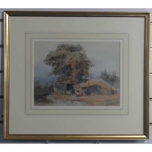 183 - A. Handcock (19th century), Farm buildings by a stream, watercolour, signed and dated '83, 25cm x 33... 