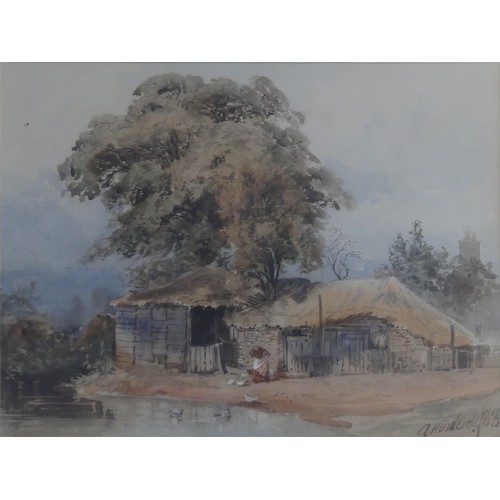 183 - A. Handcock (19th century), Farm buildings by a stream, watercolour, signed and dated '83, 25cm x 33... 