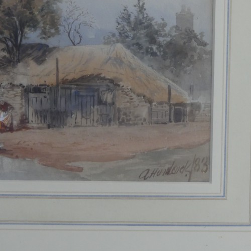 183 - A. Handcock (19th century), Farm buildings by a stream, watercolour, signed and dated '83, 25cm x 33... 