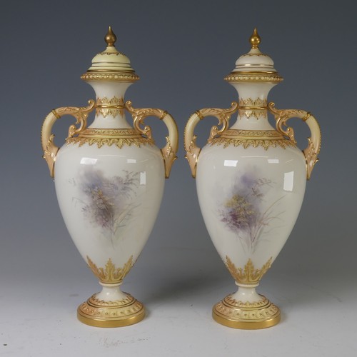 88 - A pair of Royal Worcester twin-handled Vases and covers, painted with Pheasants in naturalistic and ... 