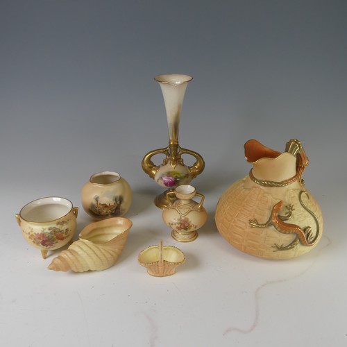 89 - Seven pieces of Royal Worcester blush ivory porcelain, including small globular vase painted with An... 