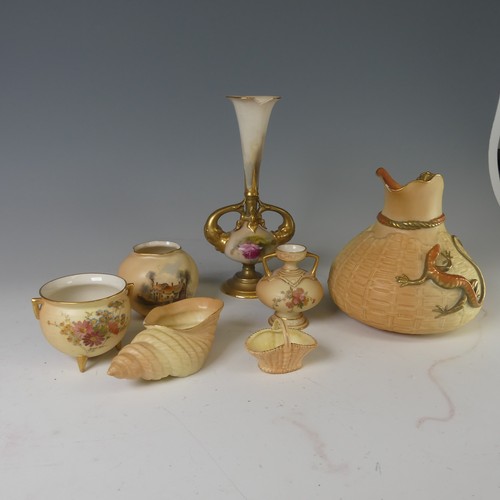 89 - Seven pieces of Royal Worcester blush ivory porcelain, including small globular vase painted with An... 