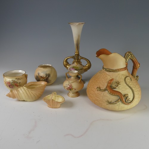 89 - Seven pieces of Royal Worcester blush ivory porcelain, including small globular vase painted with An... 