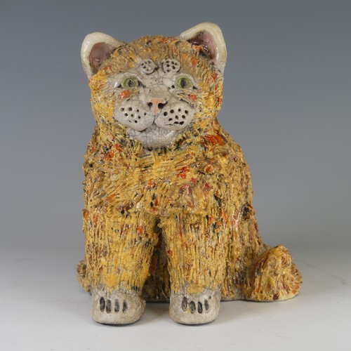 95 - A Sue Schwartz hand built Raku fired pottery cat, coiled construction with sgraffito textured finish... 