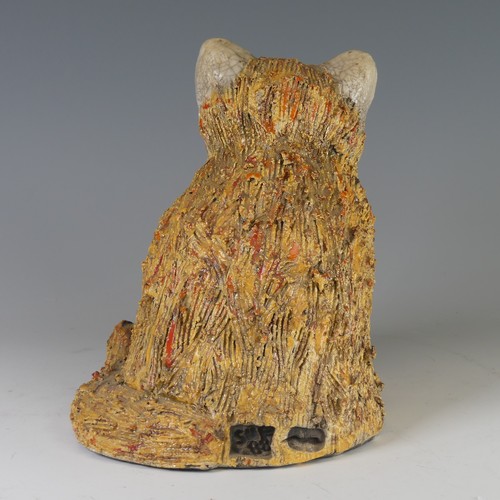 95 - A Sue Schwartz hand built Raku fired pottery cat, coiled construction with sgraffito textured finish... 