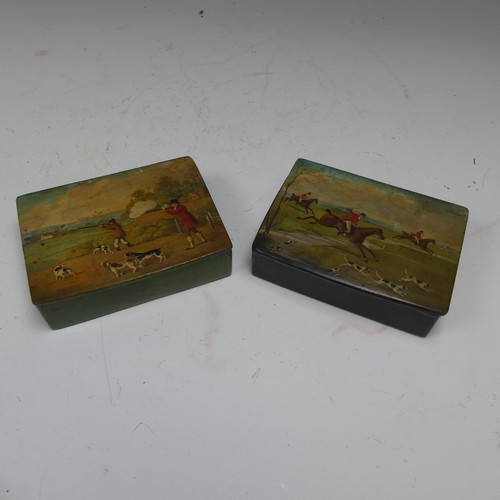 750 - A 19th century papier mâché Snuff Box, of rectangular form, the hinged cover painted with a Fox Hunt... 