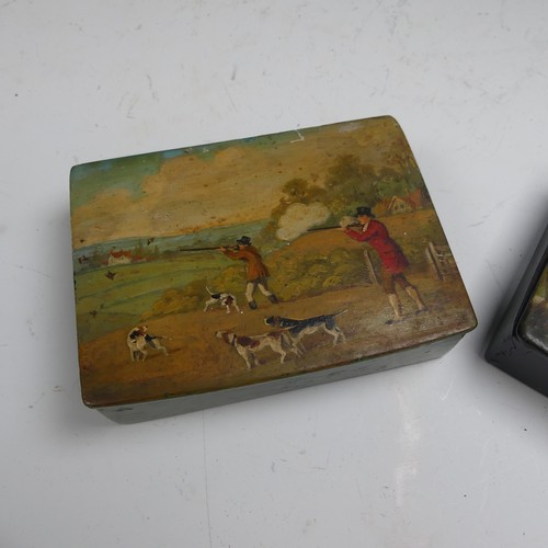 750 - A 19th century papier mâché Snuff Box, of rectangular form, the hinged cover painted with a Fox Hunt... 