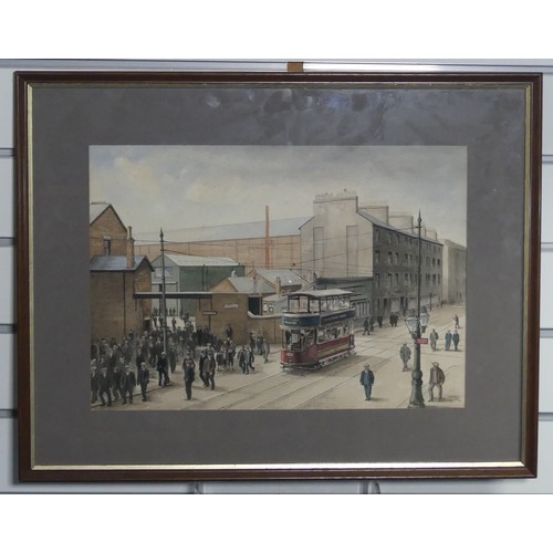 185 - John Foster, 20thC School, Tram in Industrial Landscape, possibly Dalmarnock Glasgow, watercolour, 2... 