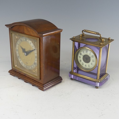 667 - A 20th century brass and purple glass cased carriage Clock, the white dial with Arabic numerals, H 1... 