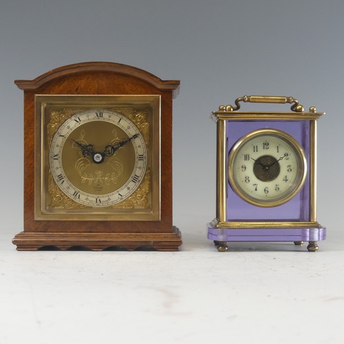 667 - A 20th century brass and purple glass cased carriage Clock, the white dial with Arabic numerals, H 1... 