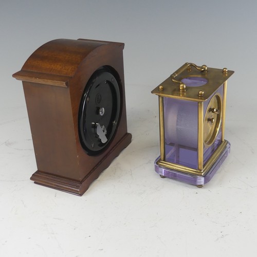 667 - A 20th century brass and purple glass cased carriage Clock, the white dial with Arabic numerals, H 1... 