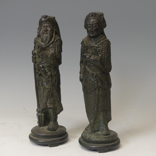 100 - Two Chinese bronzed Figures, marked to base, H 25 cm(2)