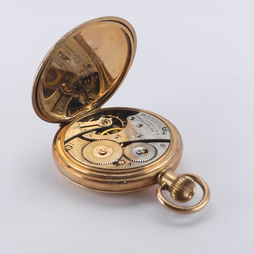 104 - A rose gold plated Waltham half hunter Pocket Watch, signed white enamel dial with Roman Numerals an... 