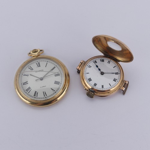 138 - A Continental 14k rose gold half hunter Wristwatch, with white enamel dial and Roman numerals, metal... 